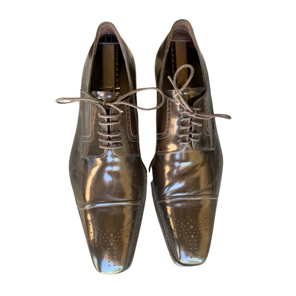 Mezlan Dark Brown Leather Semi Brogue Cap Toe Shoes - Picture 2 of 6